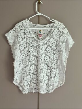 Johnny Was Eyelet Lace Cap Sleeve V-neck top Women’s Small White Boho Crochet